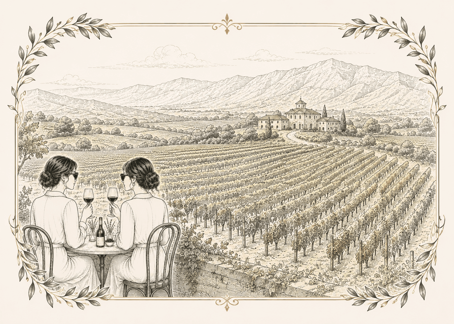 A vintage illustration of two friends sharing wine at a table overlooking a vineyard and distant mountains.